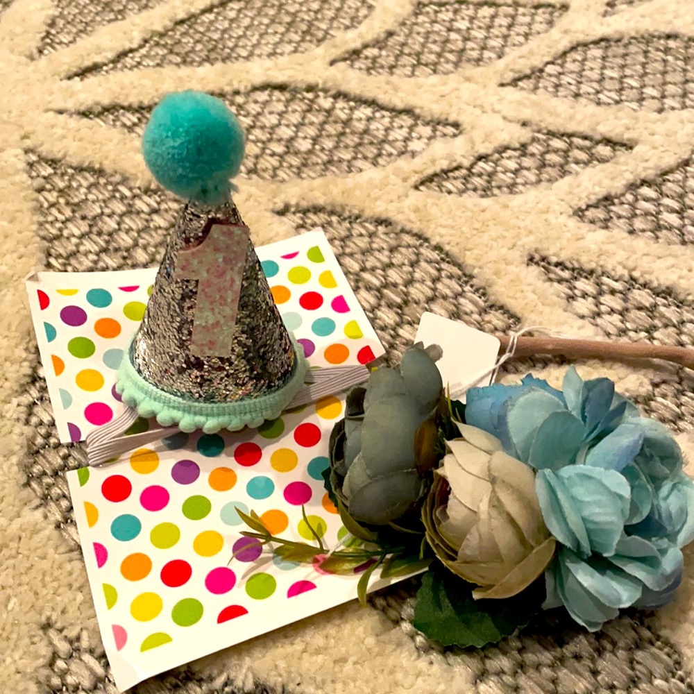 NWOT Boutique 1st Birthday Party Hat & Floral Headband-Set of 2